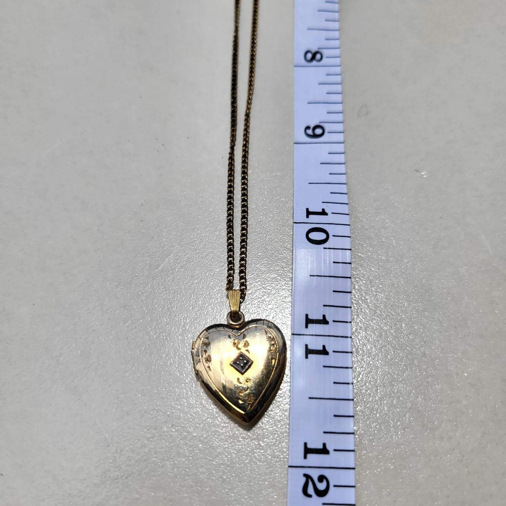 12K Gold Filled Diamond Heart Locket Necklace Vintage Etched Floral - Picture 10 of 10